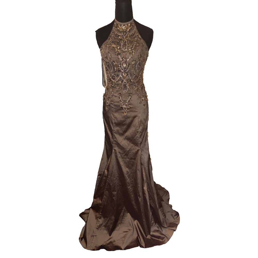 Morilee Madeline Gardner Taupe Formal Beaded Gown Halter Dress‎ Sz 6 Black Tie - Picture 4 of 16